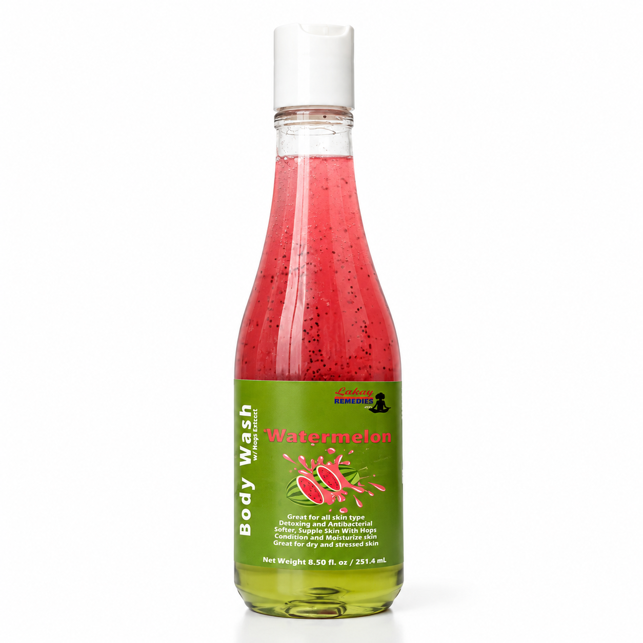 A bottle of watermelon scented body wash with a green label and white cap, filled with pinkish-red and green liquid, on a white background.