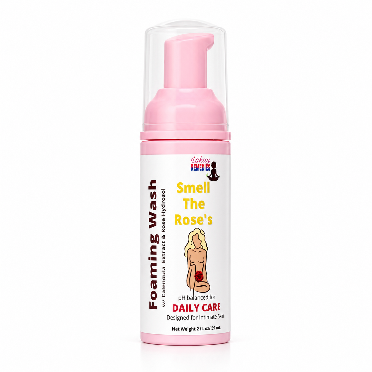 A bottle of Lakay Remedies 'Smell The Rose's' pH balanced daily care foaming wash. The product features a pink pump dispenser and a white label with pink and yellow text, set against a plain white background.