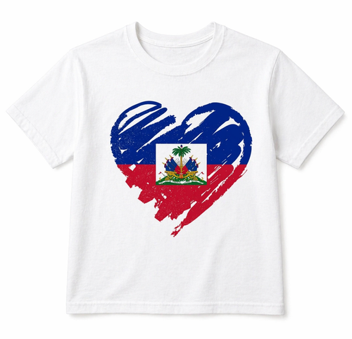 White t-shirt with a heart-shaped design featuring the flag of Haiti on a white background