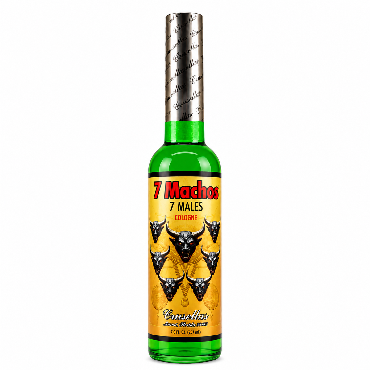 Crusellas 7 Machos 7 Males Spiritual Cologne 7 fl oz green bottle with gold label featuring seven black bulls, traditionally used for spiritual protection, strength and cleansing.