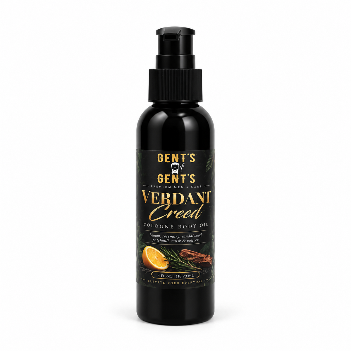 Gent's of Gent's Verdant Creed Cologne Body Oil 4 oz in black pump bottle with gold and black label, featuring fresh lemon, rosemary, sandalwood, patchouli, musk and vetiver fragrance.