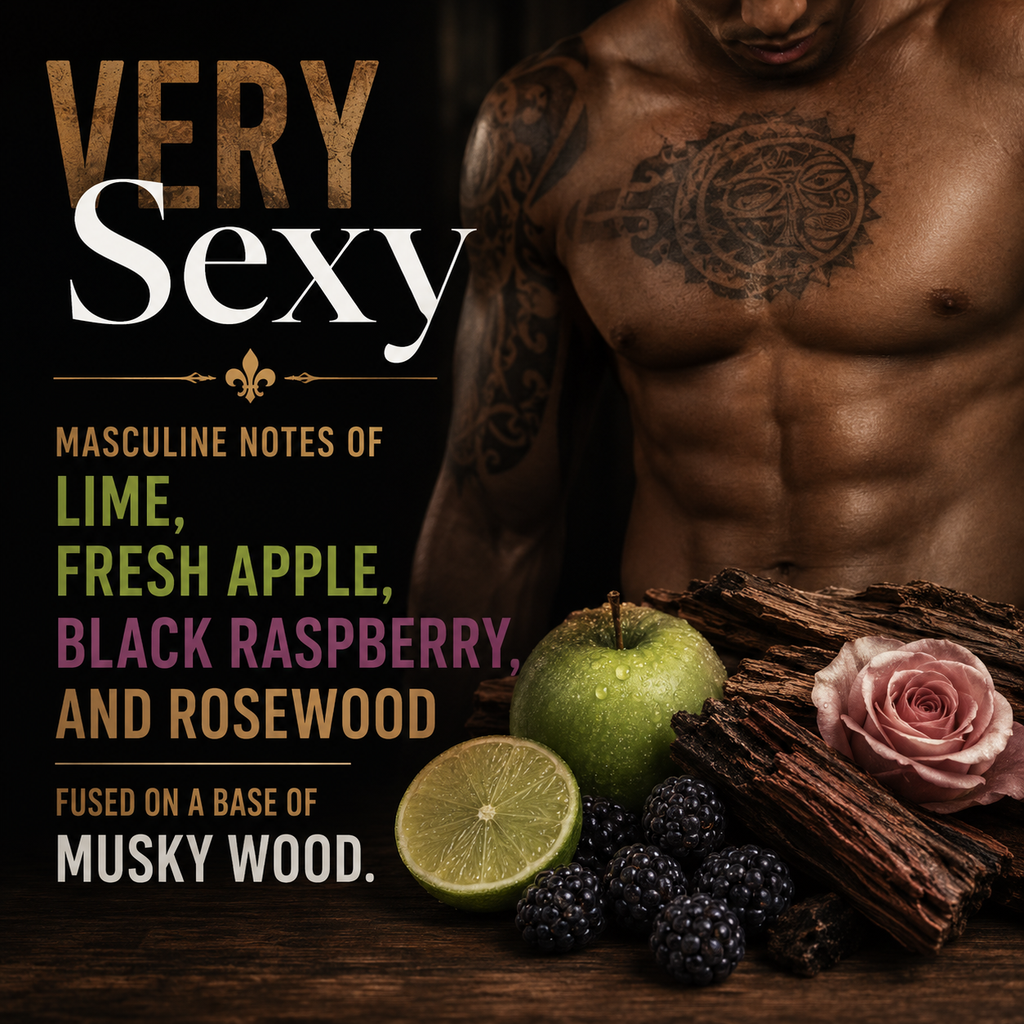 Album cover for 'Very Sexy' featuring a muscular tattooed male torso against a dark background, with text listing citrus, berries, rosewood, and a pink rose, plus a lime half and dark berries in the foreground.
