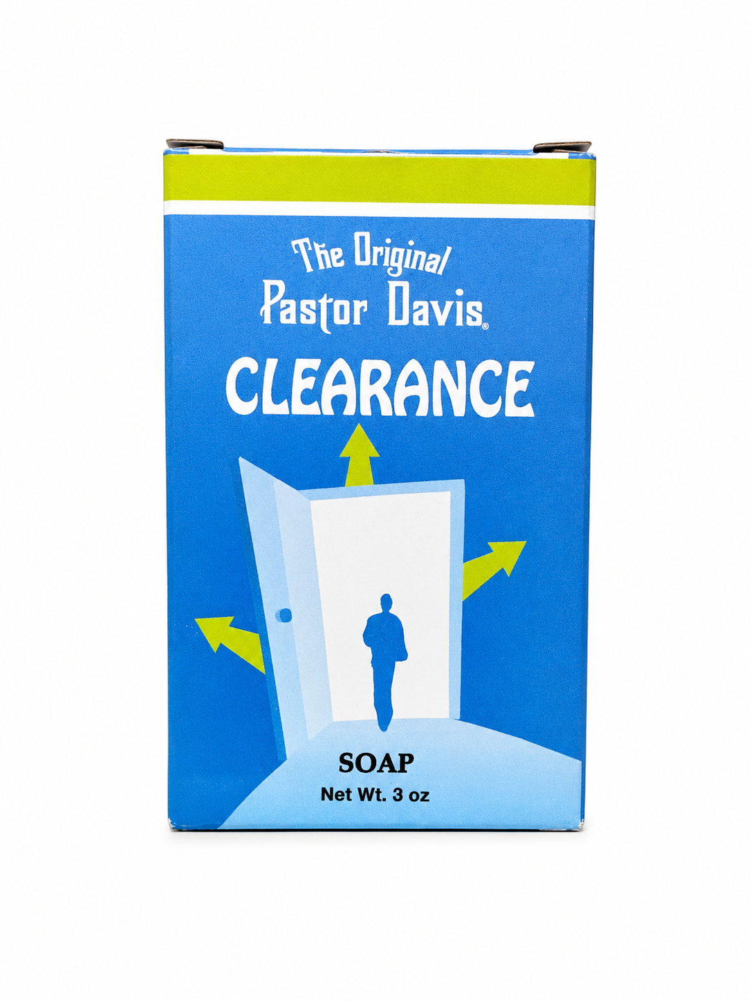 The Original Pastor Davis Clearance Soap box, featuring a blue and white design with a graphic of a person walking through an open door, on a white background.