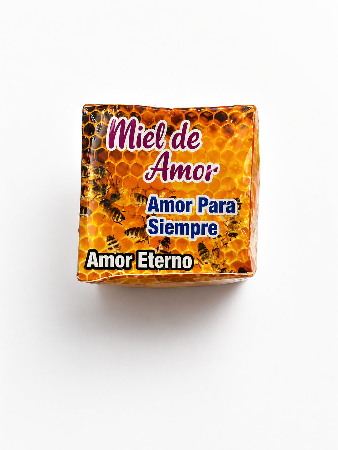Honeycomb design packaging with Spanish text on a white background