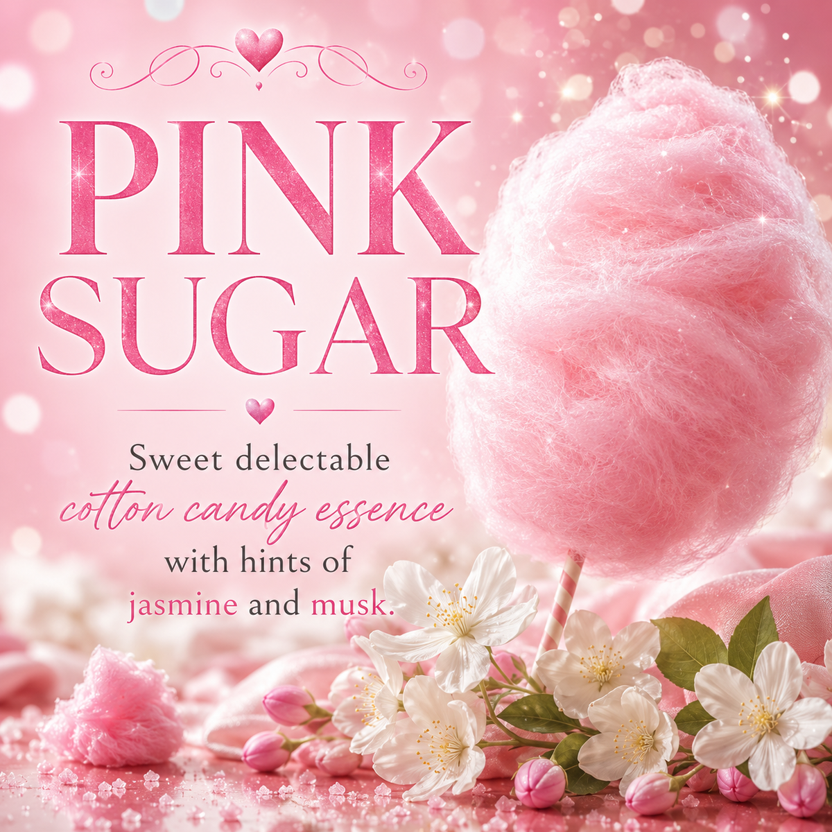 Pink cotton candy and white blossoms on a pink background with the text 'PINK SUGAR' and descriptive copy about sweet delectable cotton candy essence.