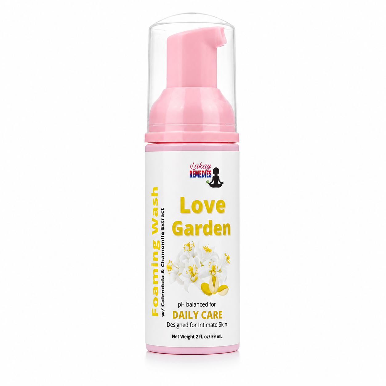A bottle of Love Garden Intimate Foaming Wash by Her Beauty Factory, featuring a pink pump dispenser and a white label with yellow text and floral graphics, set against a plain white background.