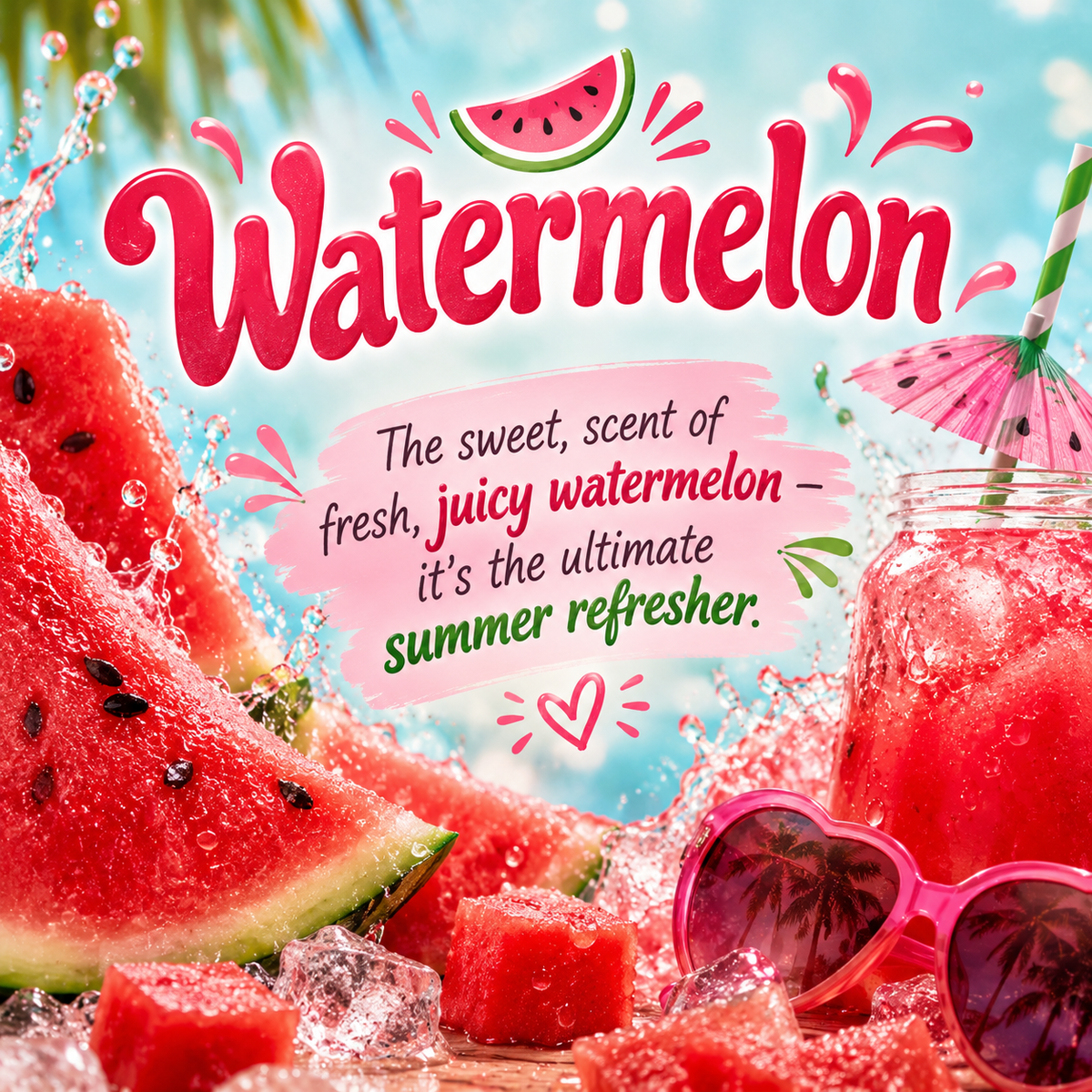 A vibrant summer-themed graphic with the word 'Watermelon' in large pink letters, surrounded by fresh watermelon slices, ice cubes, a glass of pink drink with a striped straw, heart-shaped sunglasses, and tropical background elements.