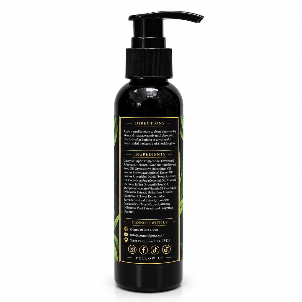 Gent's of Gent's Verdant Creed Cologne Body Oil 4 oz in black pump bottle with gold and black label, featuring fresh lemon, rosemary, sandalwood, patchouli, musk and vetiver fragrance.