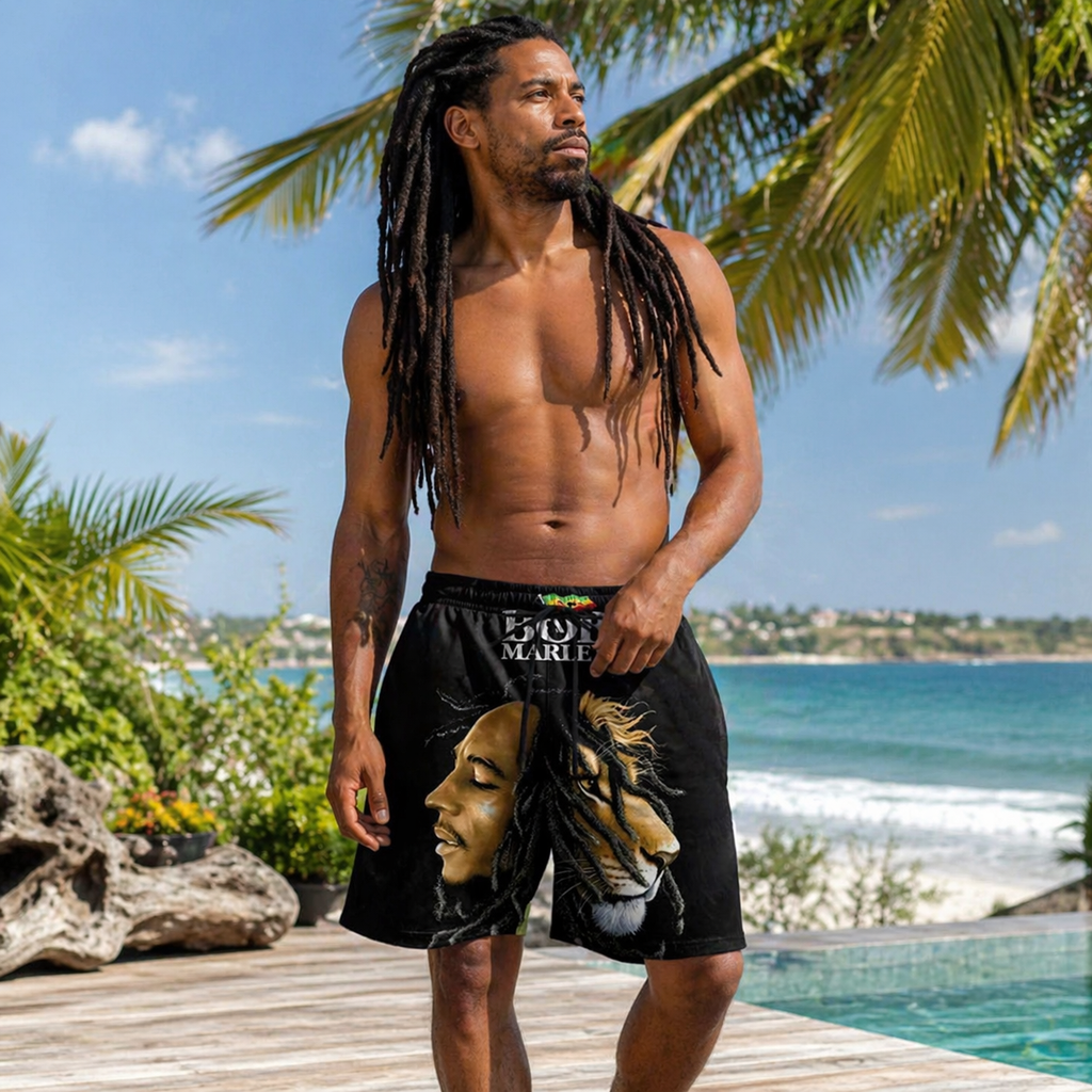 Man wearing black bob marley shorts 