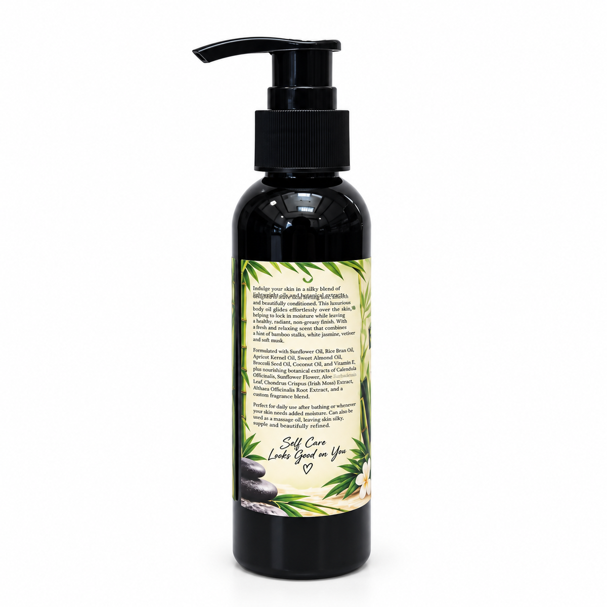 Lakay Remedies Zen Garden Body Oil 4 oz in black pump bottle with bamboo and jasmine botanical label – lightweight hydrating body oil with aloe, vetiver and soft musk fragrance.
