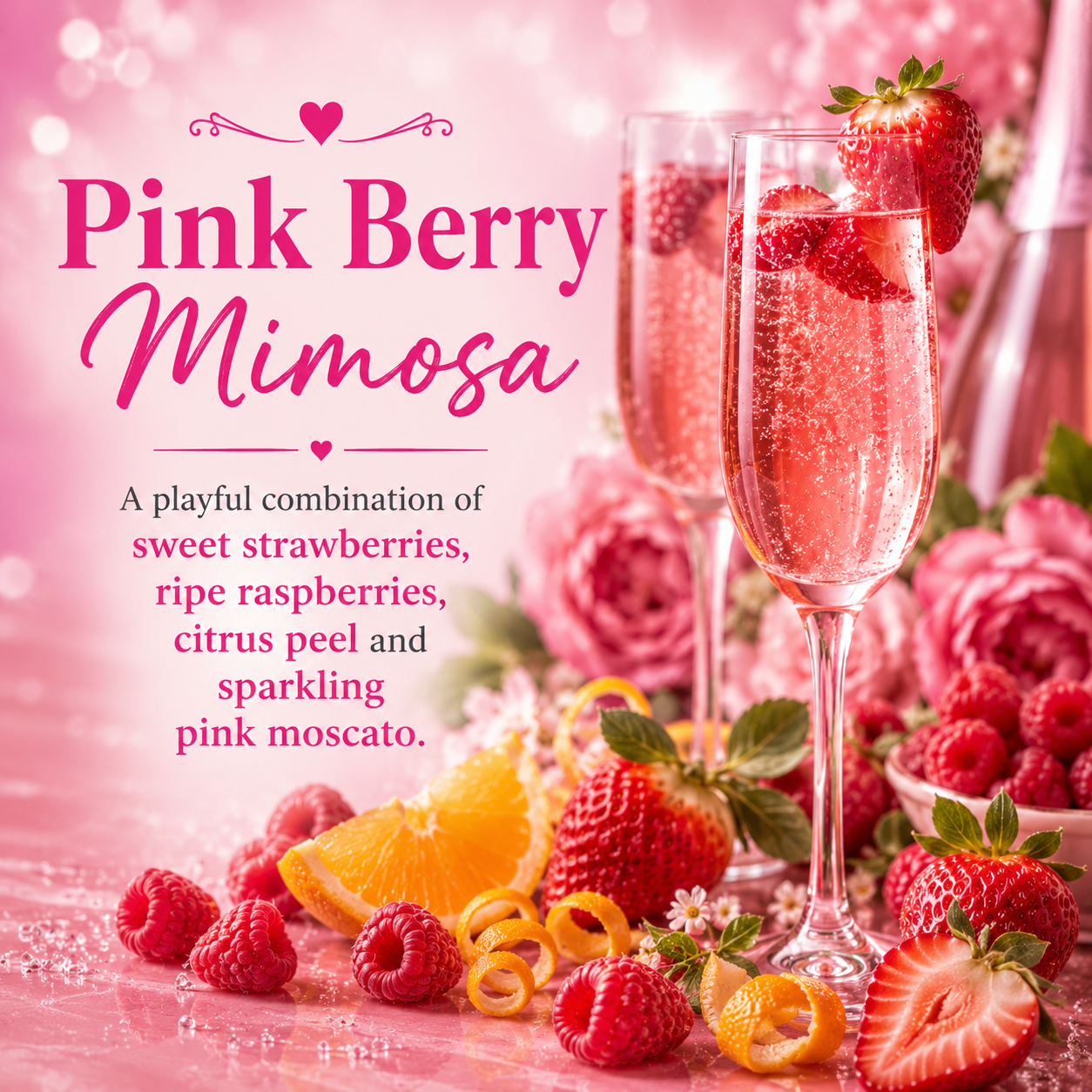 Pink Berry Mimosa cocktail graphic featuring two tall champagne flutes filled with pink bubbly drink, strawberries, raspberries, orange slices, and pink roses on a pink background with text describing the flavor combination.