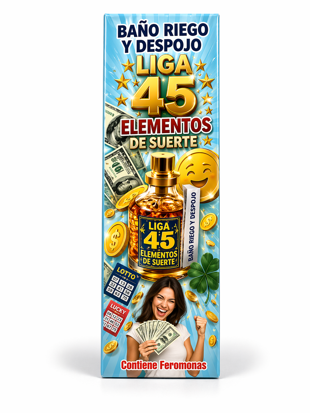 Product packaging with text and images of money, a bottle, and a woman holding money on a blue background.