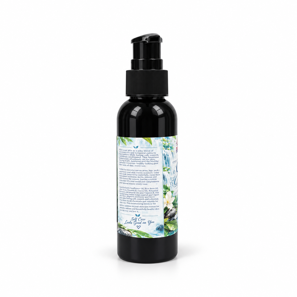 Lakay Remedies Cool Musk Body Oil 4 oz in black pump bottle with blue aquatic label – lightweight hydrating body oil with fresh aquatic and soft white musk scent.