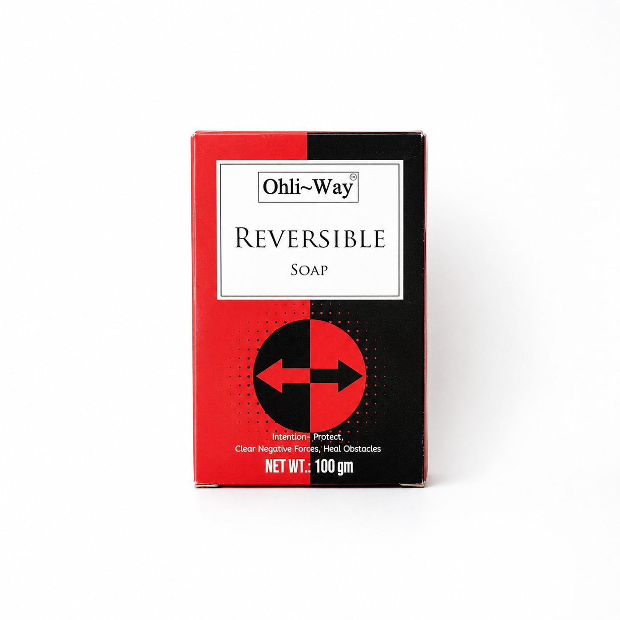 A 100g box of Ohli-Way Reversible Soap on a clean white background. The packaging features a split red and black design with a white label in the center.