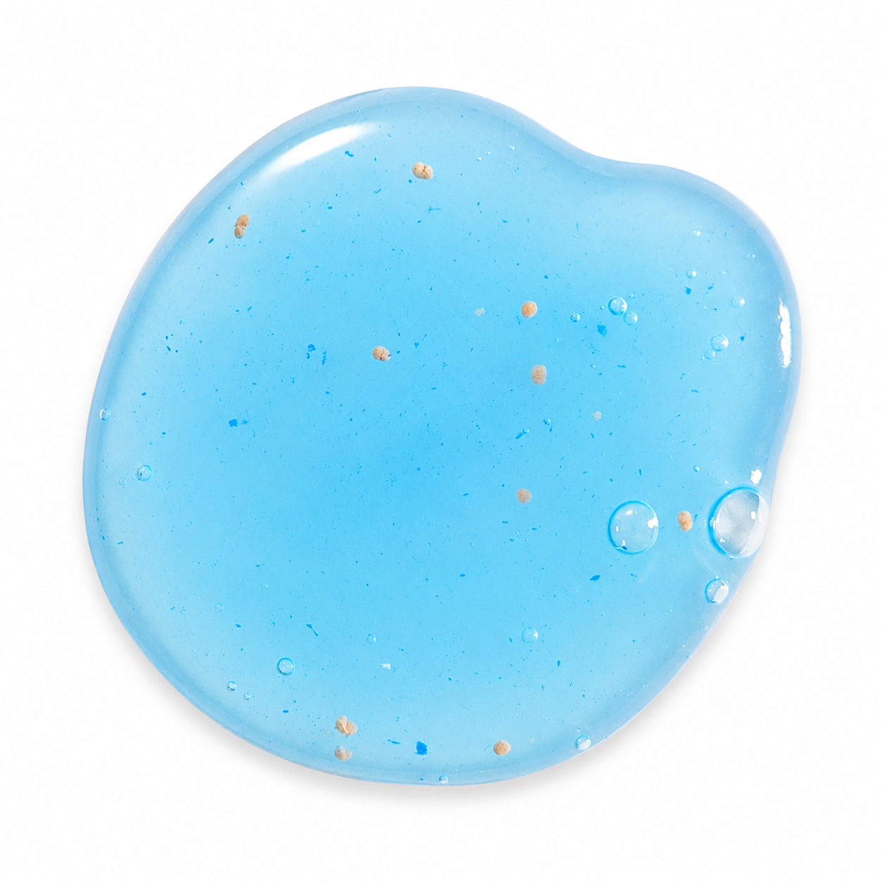 A dollop of translucent light blue body wash gel or slime with tiny orange and blue glitter flecks, photographed on a clean white background.