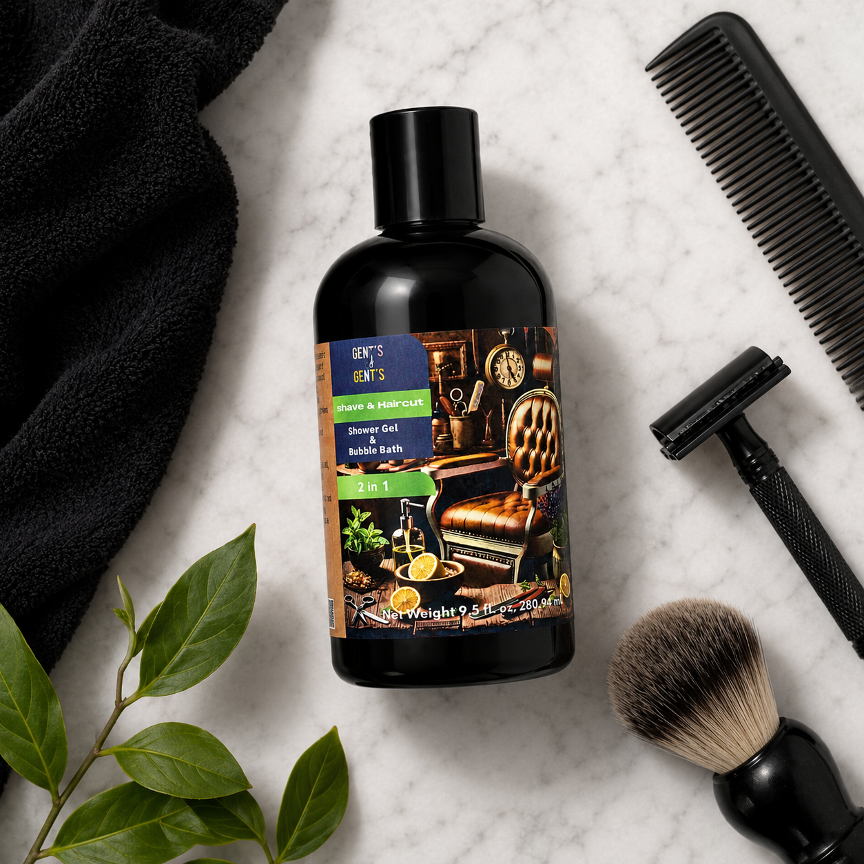 A bottle of Gents of Gents Shower Gel & Bubble Bath centered on a white marble surface, surrounded by grooming props including a black towel, comb, safety razor, shaving brush, and green leaves.