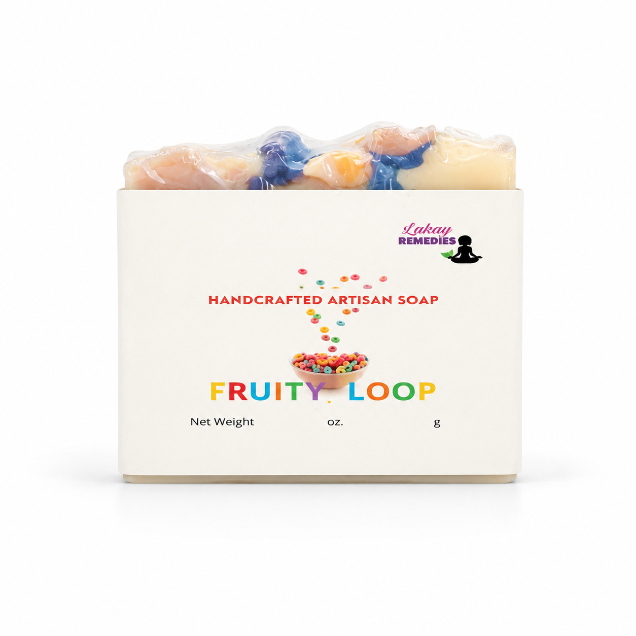 A boxed handmade artisan soap bar with colorful soap pieces visible at the top, wrapped in clear plastic and presented in a white box labeled 'Fruity Loop' by Lucky Remedies.