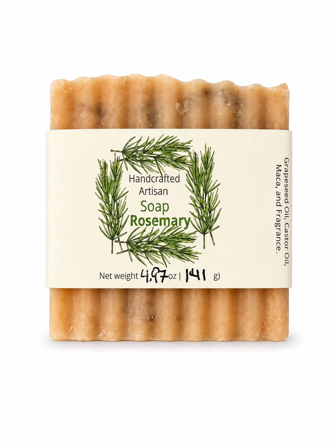 A single bar of handmade artisan soap with a cream-colored paper label. The soap has a warm, textured tan-brown color and is scented as Rosemary with and Fragrance.
