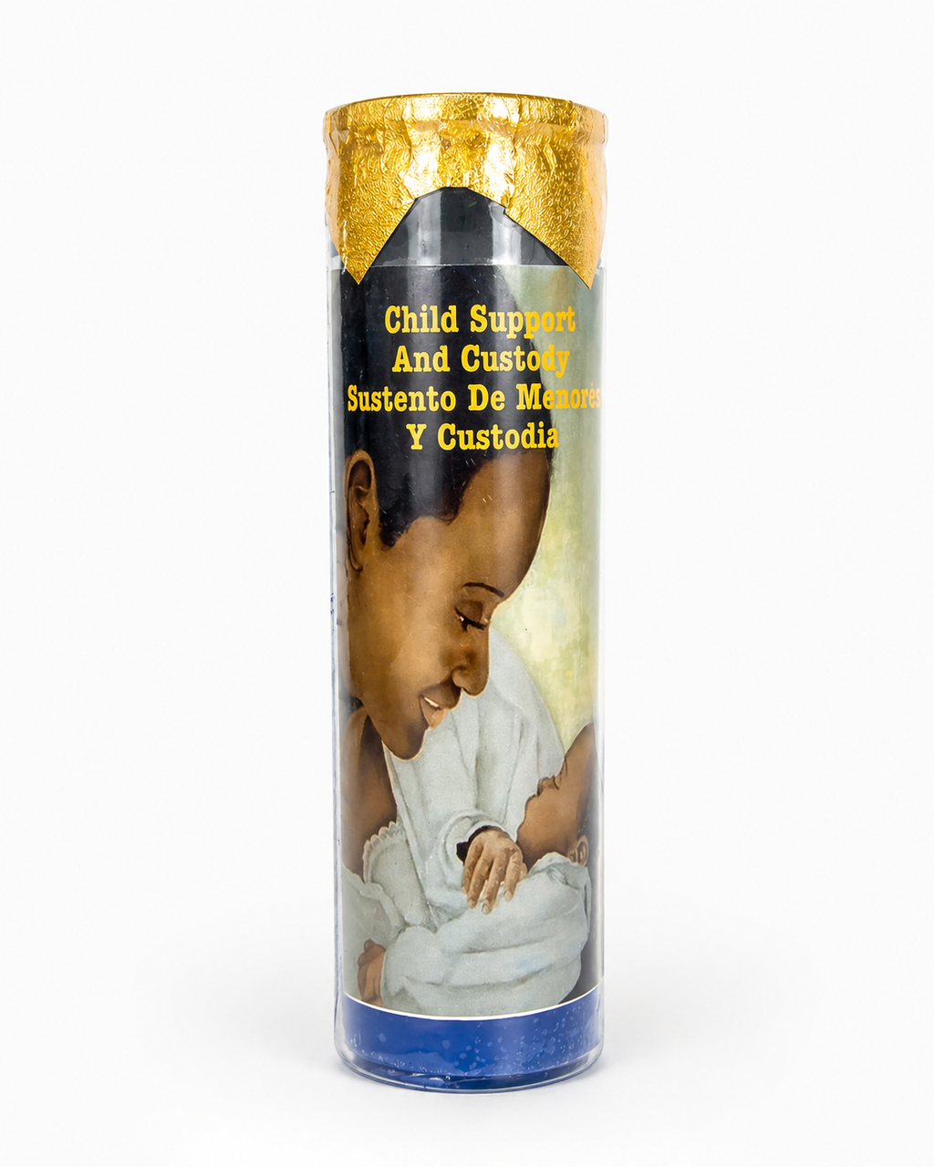 Candle with a child's face on the label, featuring text about child support and custody.