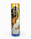 Candle with a child's face on the label, featuring text about child support and custody.