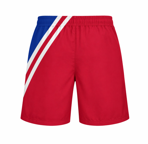Red shorts with a blue and white diagonal stripe on a white background