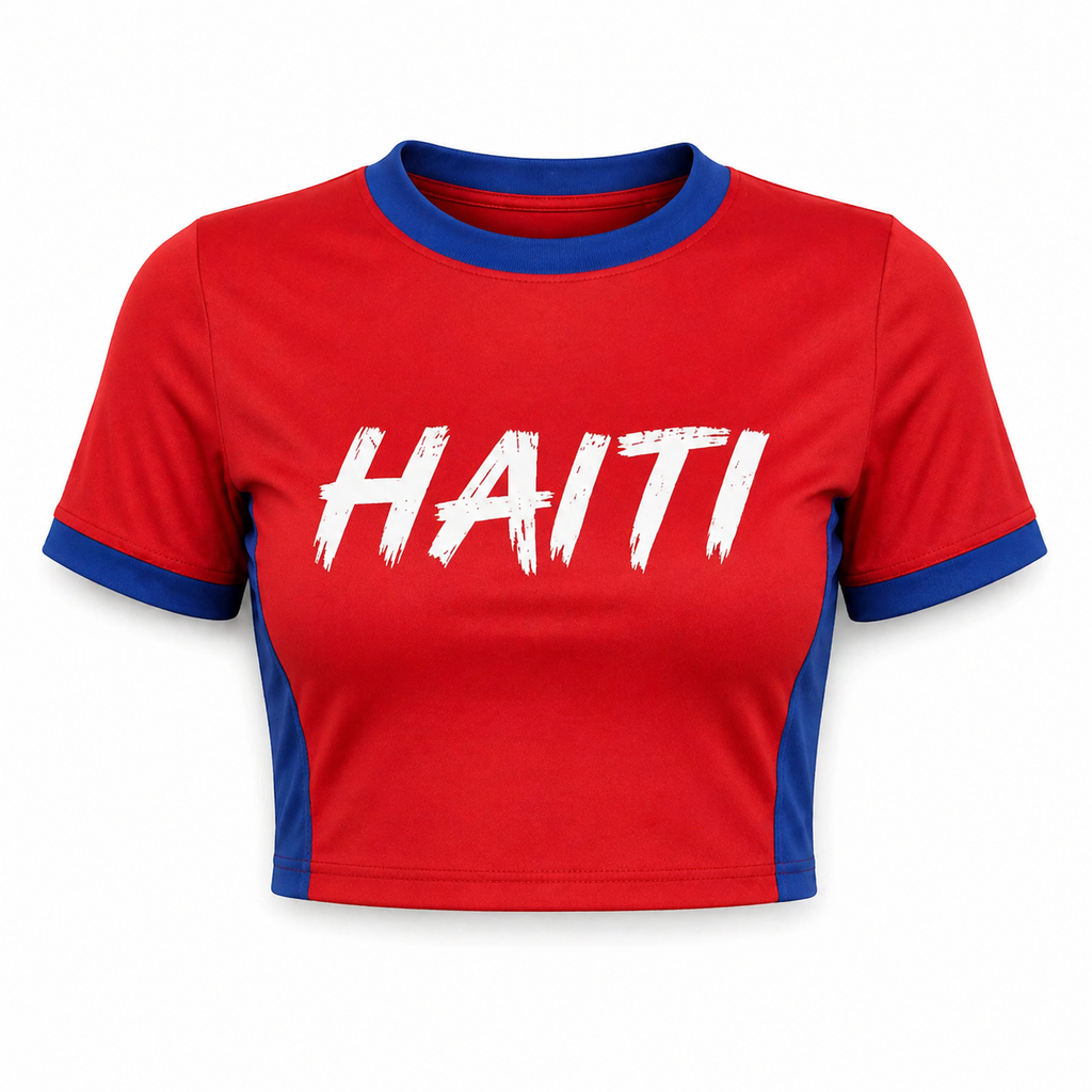 Red t-shirt with blue accents and 'HAITI' printed on it against a white background
