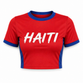 Red t-shirt with blue accents and 'HAITI' printed on it against a white background