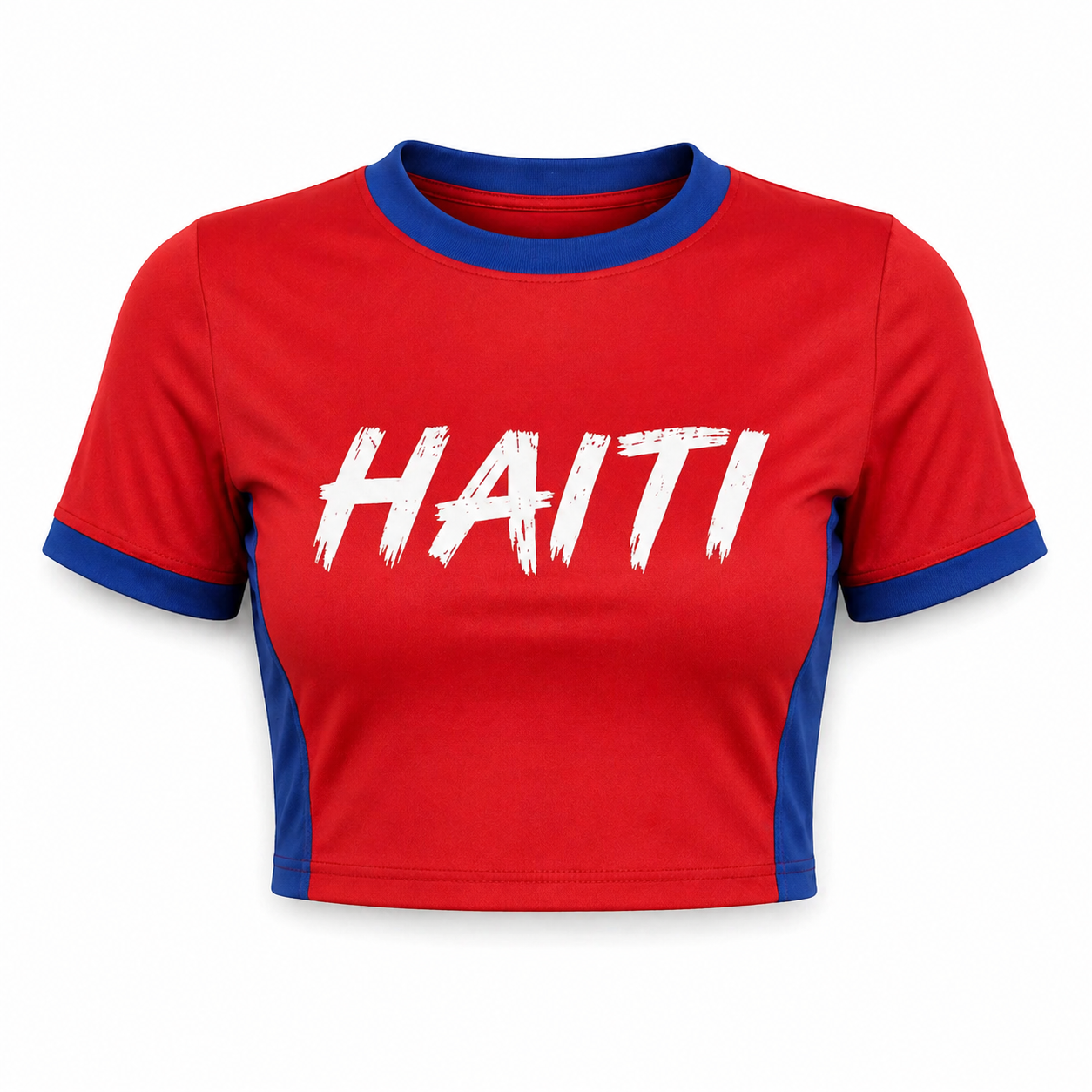 Red t-shirt with blue accents and 'HAITI' printed on it against a white background