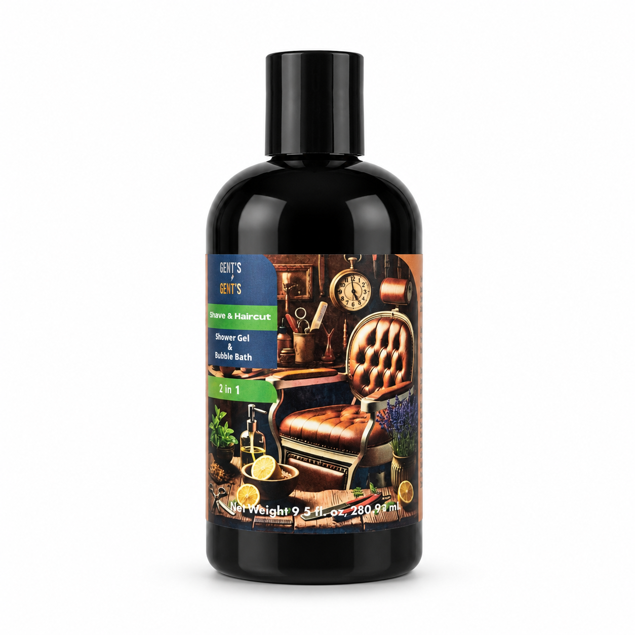 A bottle of Gents od GENTS Shave & Haircut Shower Gel & Bubble Bath in a black bottle with a colorful label showing a barber chair and grooming tools.