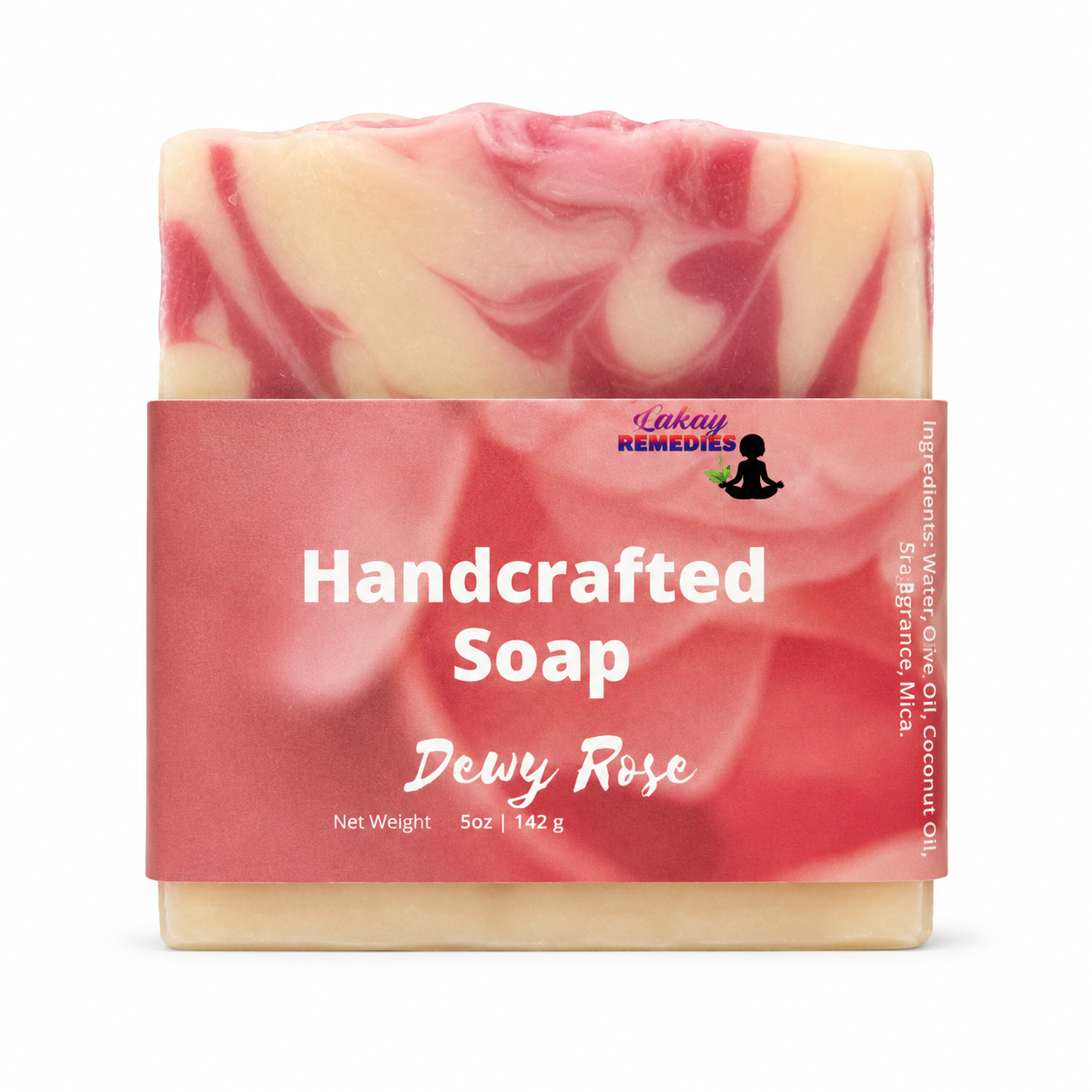 A 5 oz bar of handcrafted soap labeled 'Dewy Rose' by Inkay Remedies, featuring a pink and cream marbled pattern with a pink paper label.
