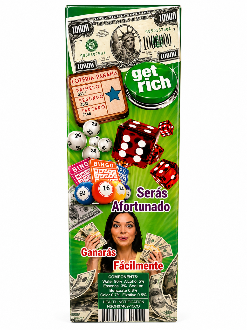 Product packaging with gambling-themed graphics and text on a green background