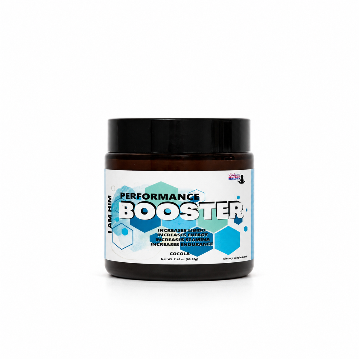 A dark amber supplement jar with a black lid and a white, blue, and teal label reading 'Performance Booster'.