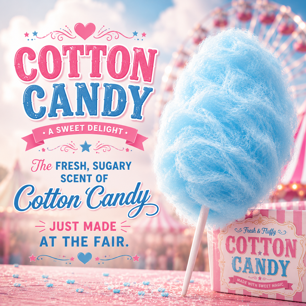A light blue cotton candy stick stands in front of a pink and white striped package labeled 'Cotton Candy' on a pink surface, with decorative text reading 'Cotton Candy' and a blurred fairground scene in the background.