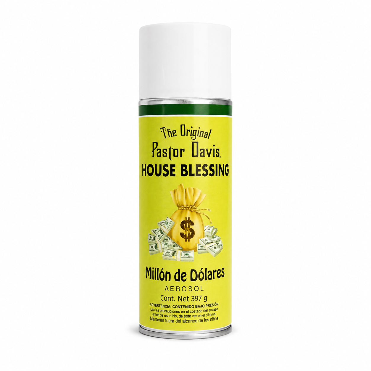 A 397g aerosol can of Pastor Davis 'House Blessing' spray, featuring a bright yellow label with a green top band, black text, and an illustration of a money bag with dollar bills, set against a plain white background.