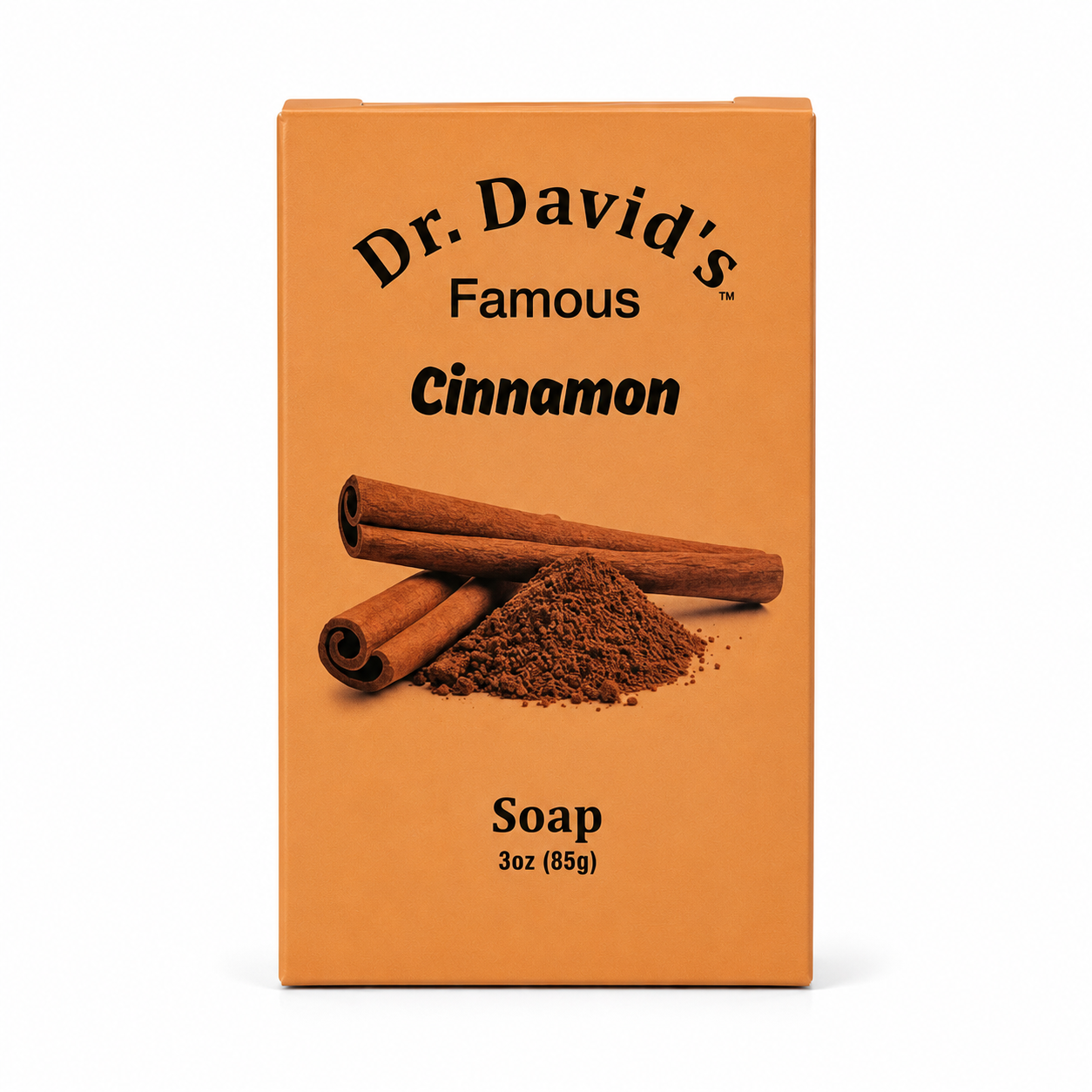 A rectangular orange box of Dr. David's Famous Cinnamon Soap, featuring a graphic of cinnamon sticks and ground cinnamon on the front, set against a plain white background.