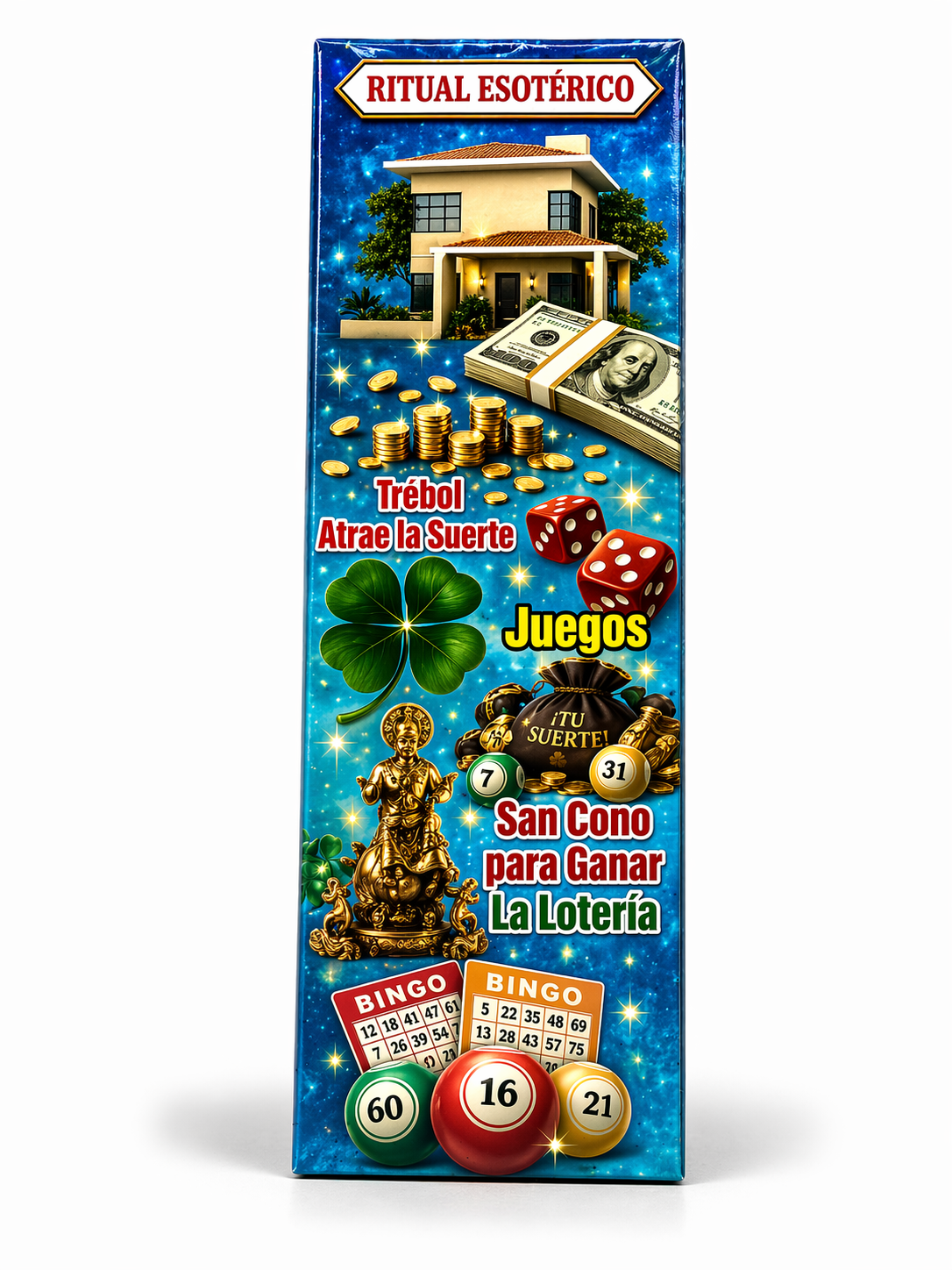 Product packaging with lottery-themed graphics and text on a blue background