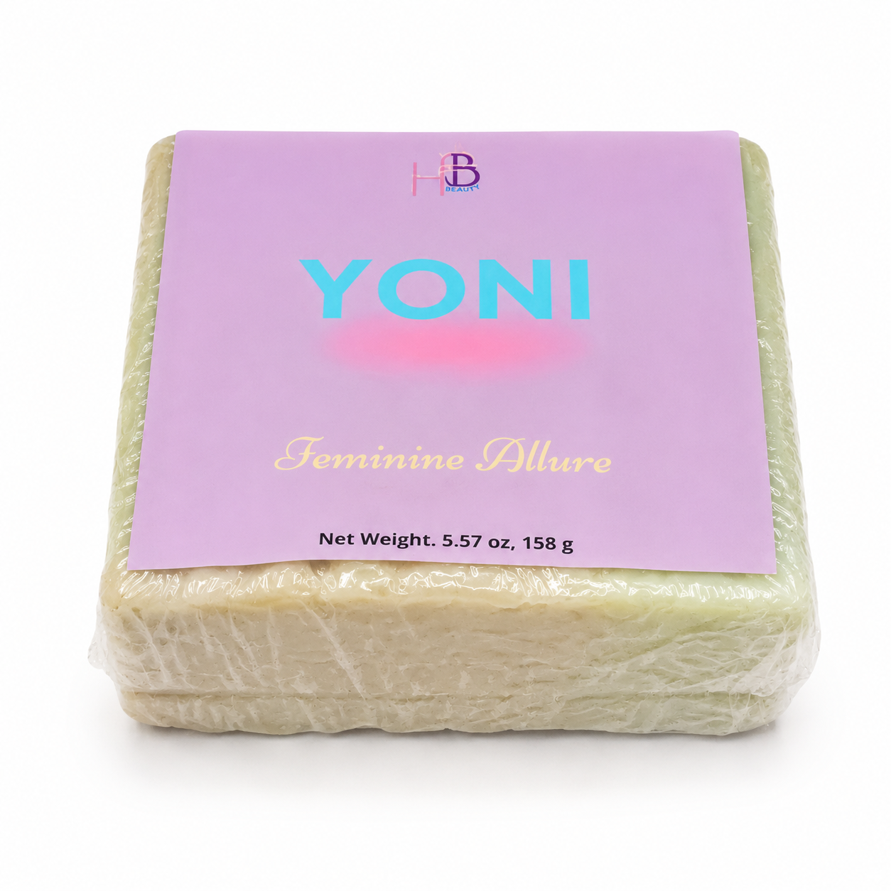 A wrapped bar of soap labeled 'YONI Feminine Allure' by HB Cosmetics, wrapped in clear plastic with a lavender label, on a white background.
