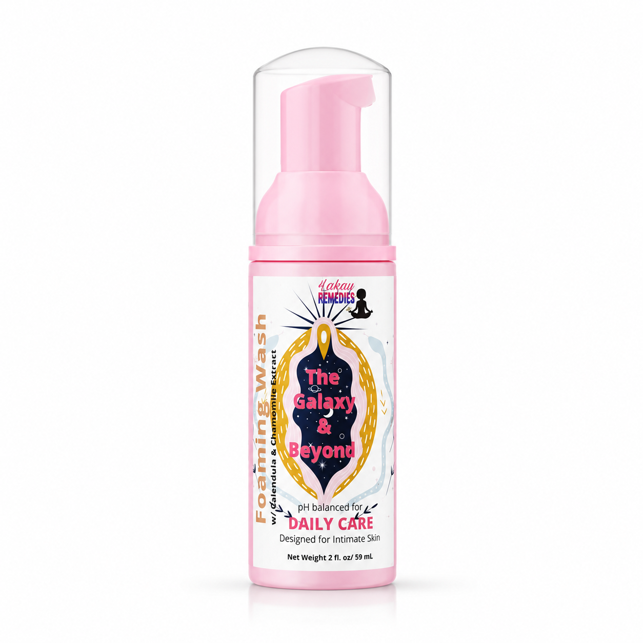 A pink bottle of Her Beauty Factory Intimate foaming wash with a clear cap and pump, shown on a white background.