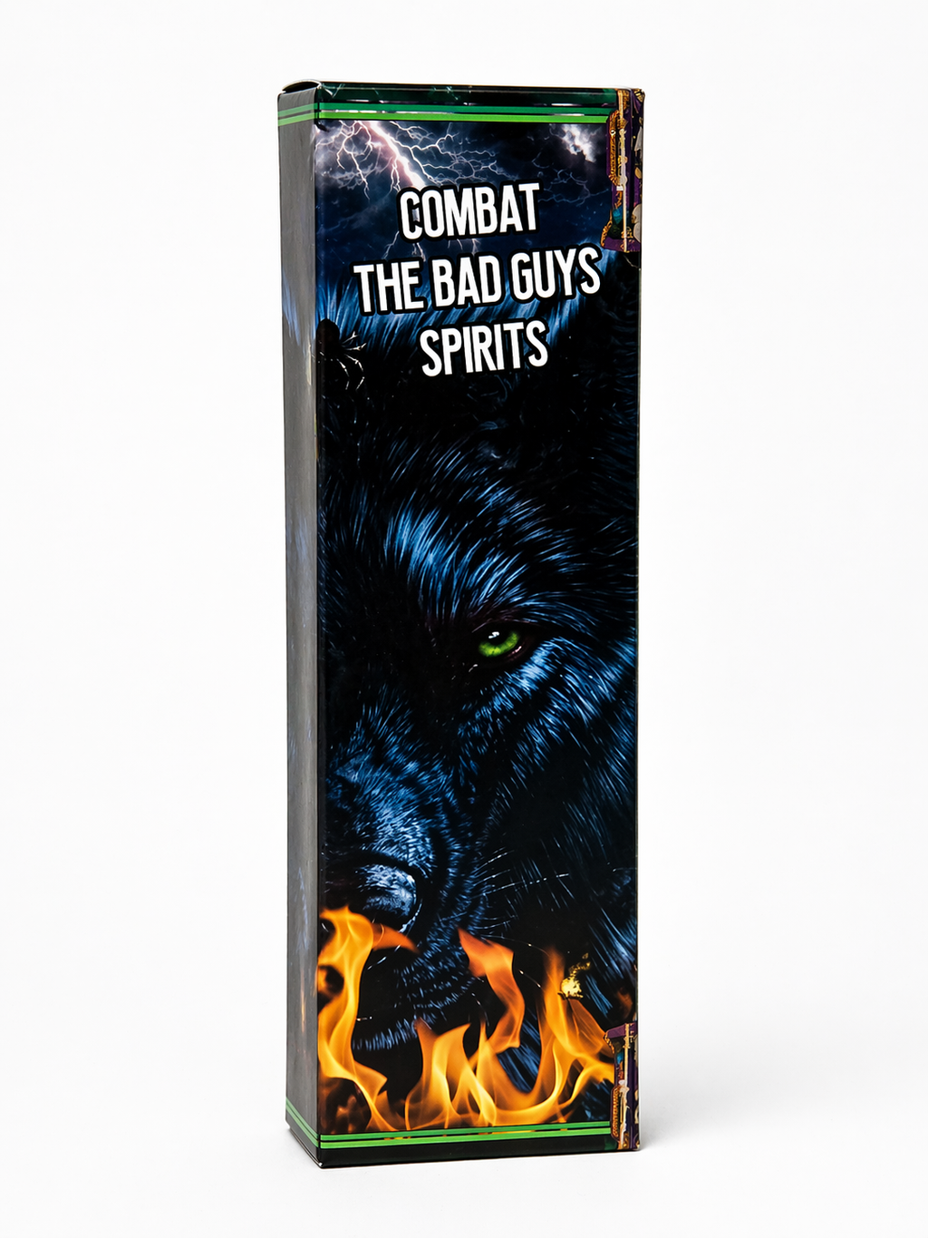 Box with a wolf design and text 'Combat The Bad Guys Spirits' on a white background