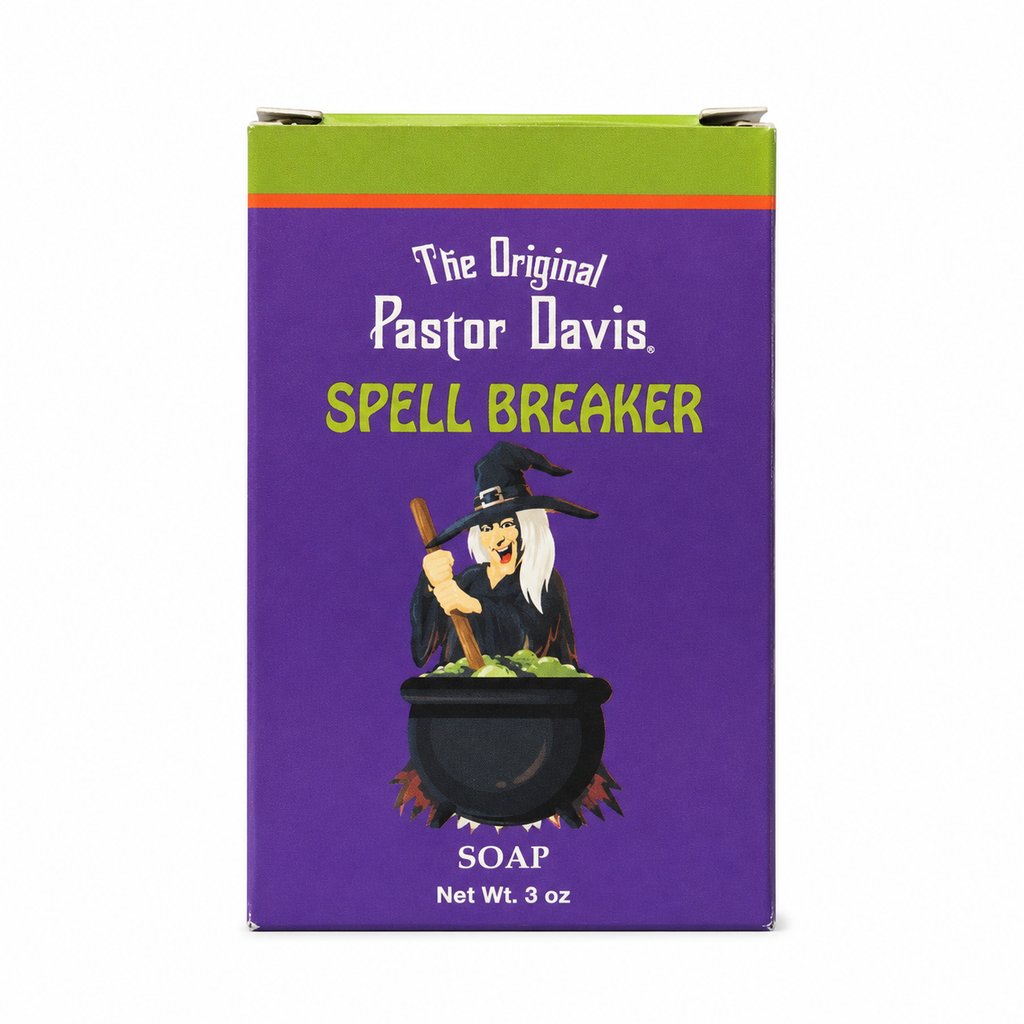 The Original Pastor Davis Spell Breaker Soap in a purple box with a green top band, featuring an illustration of a witch stirring a cauldron.