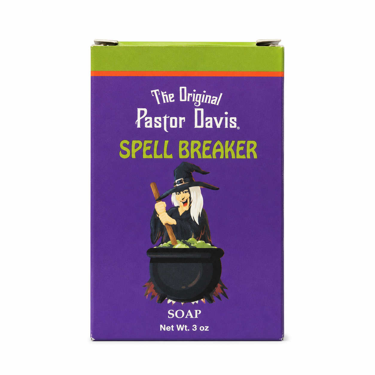 The Original Pastor Davis Spell Breaker Soap in a purple box with a green top band, featuring an illustration of a witch stirring a cauldron.