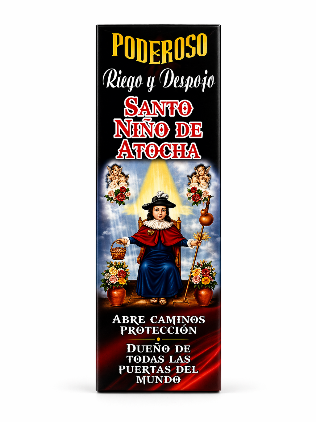 Product packaging with religious iconography and text on a white background