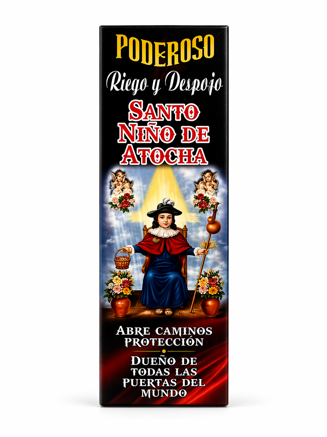 Product packaging with religious iconography and text on a white background