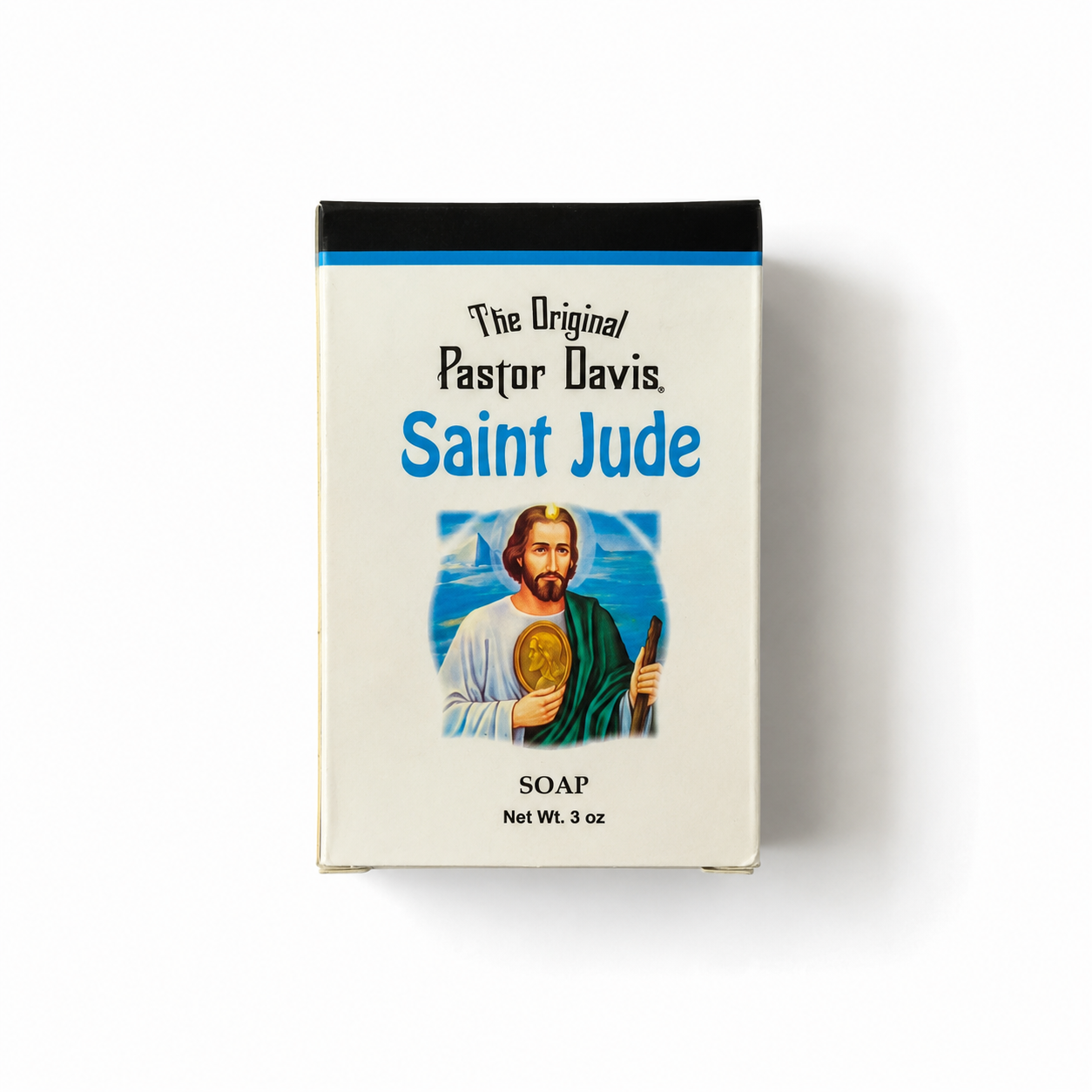 A 3 oz box of Saint Jude soap by Pastor Davis, featuring a cream-colored front with blue and black text and an illustration of Saint Jude.