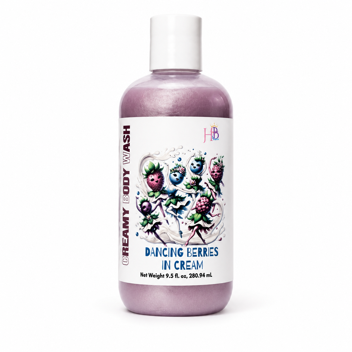 A bottle of Her Beauty Factory  Creamy Body Wash in the 'Dancing Berries in Cream' scent, featuring a white cap and a white label with colorful illustrations of dancing berries, set against a plain white background.