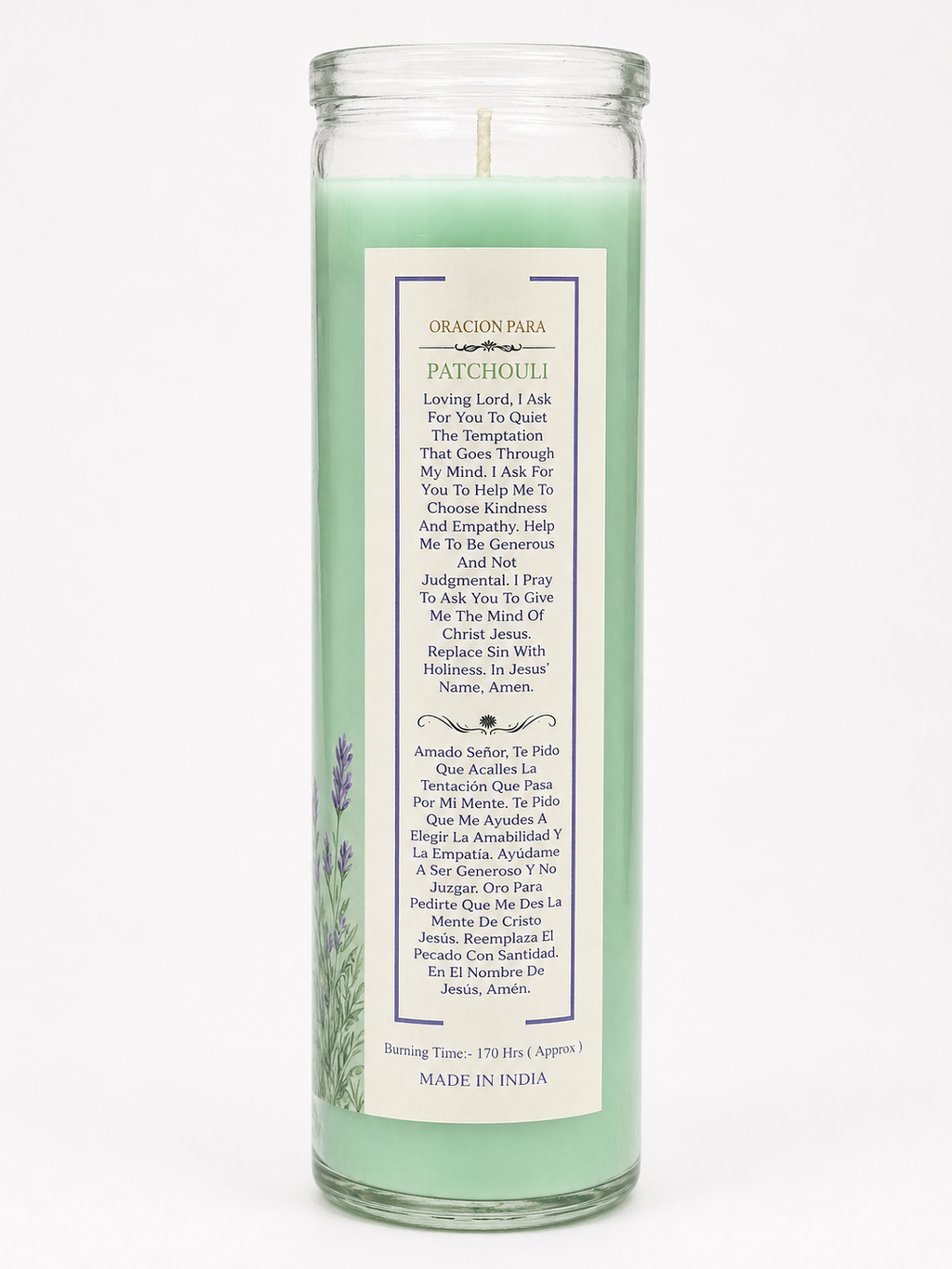 Green candle with a white label on a white background