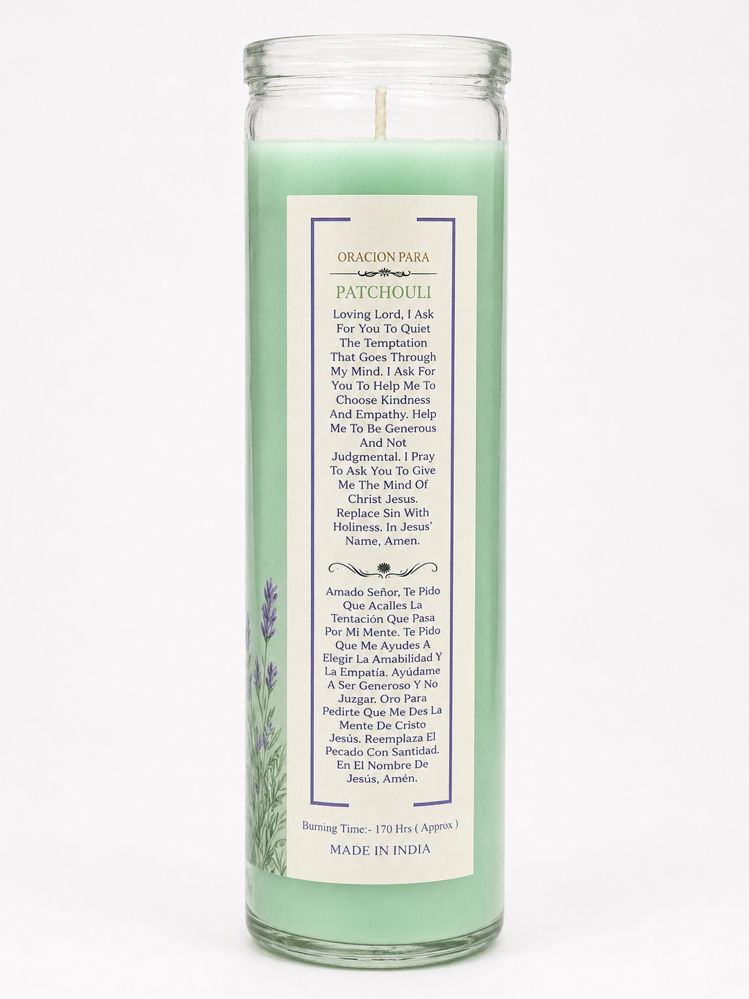 Green candle with a white label on a white background