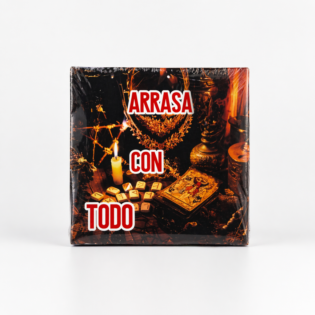 Product packaging with 'ARRASA' and 'CON TODO' text, featuring a candle and tarot cards on a dark background.