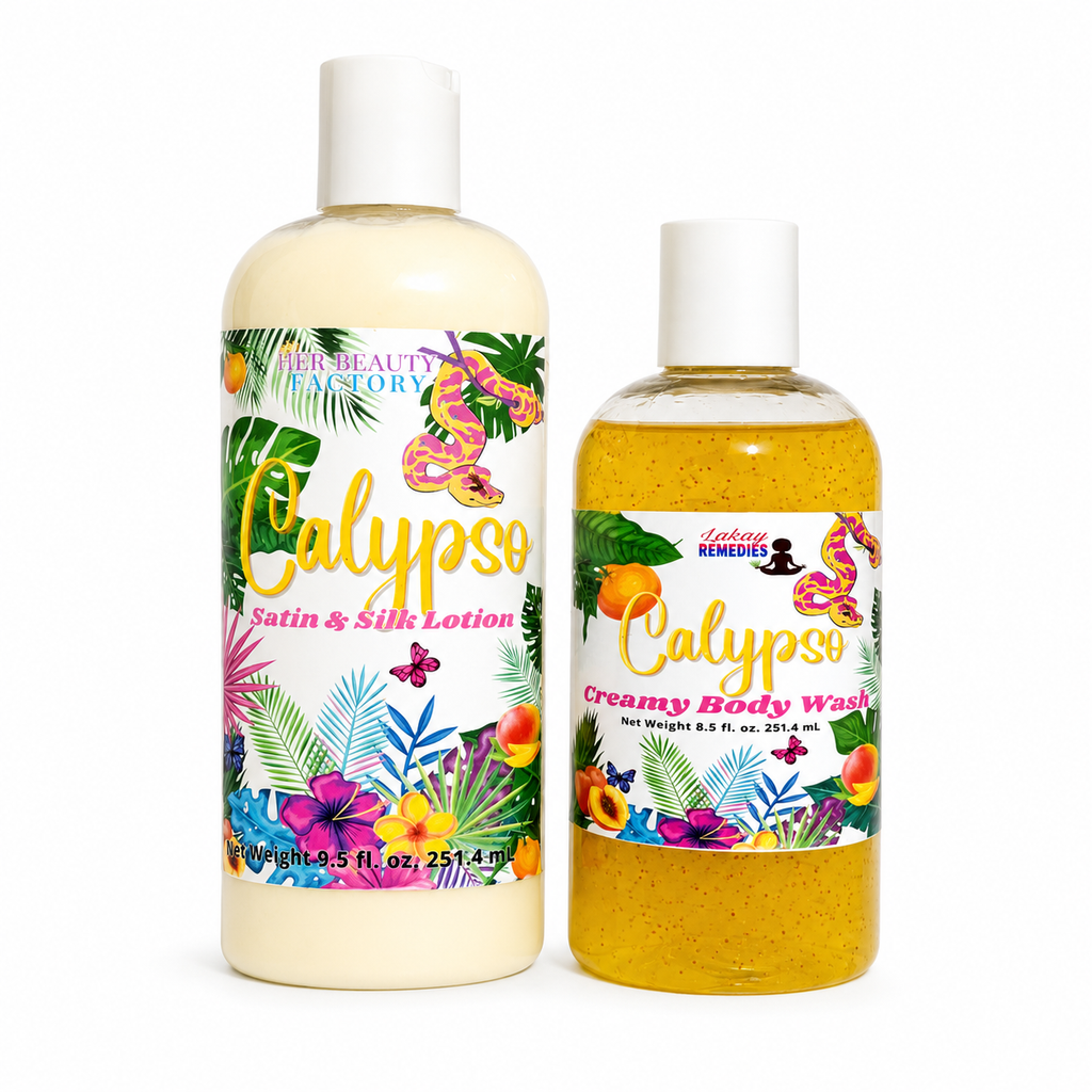 Two Lakay Remedies Calypso products on a white background: a larger bottle of Satin & Silk Lotion with a white cap and cream-colored liquid, and a smaller bottle of Creamy Body Wash with a white cap and golden yellow liquid.