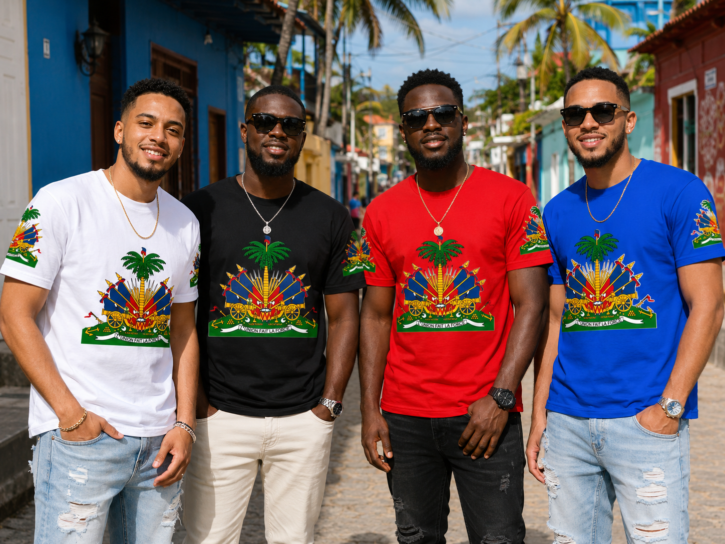 Four men wearing colorful t-shirts with a tropical design stand together on a street.